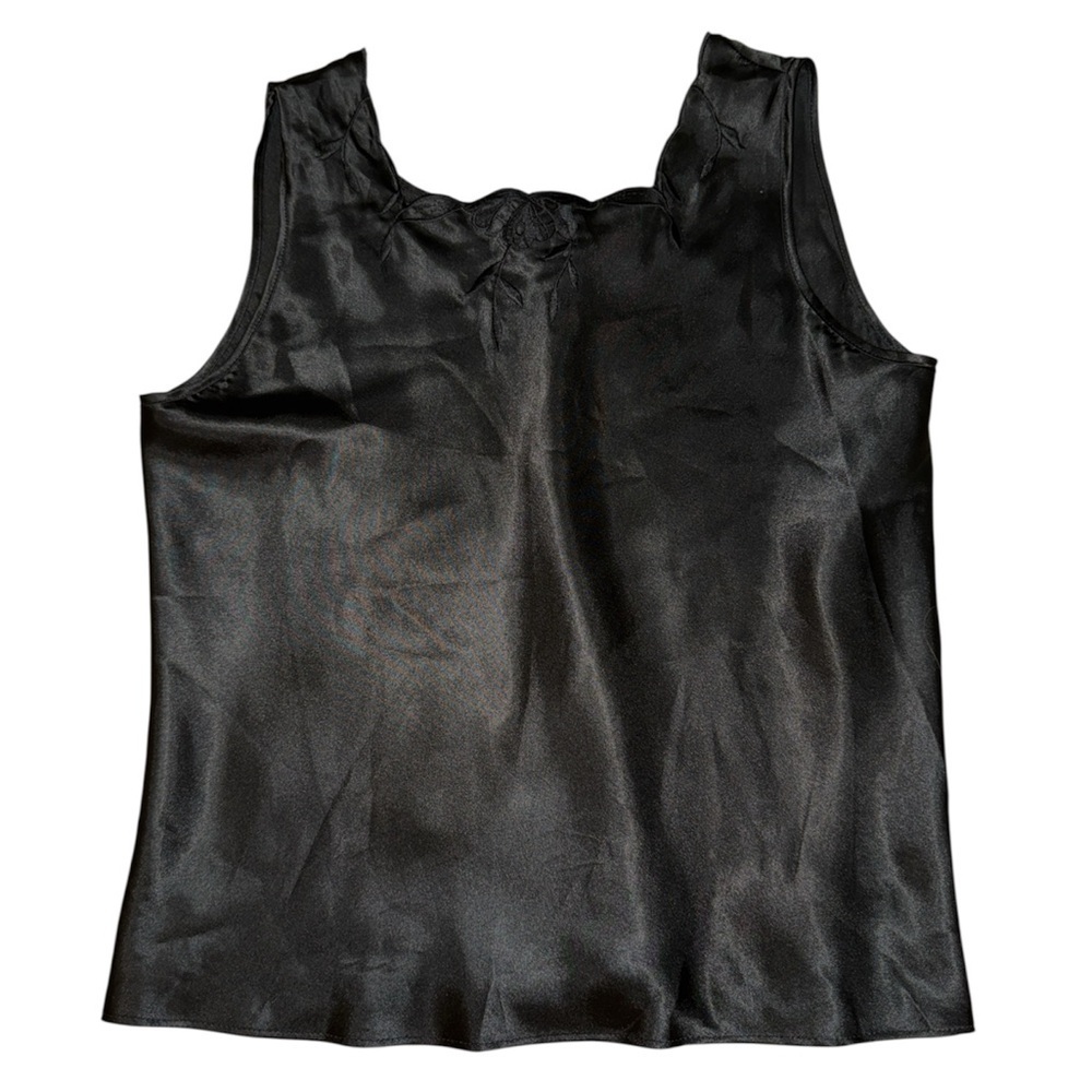 Escapades vintage black silk floral embroidered tank top women’s size medium